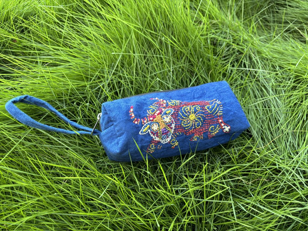 Brave Bull Embroidered Cotton Pencil Case