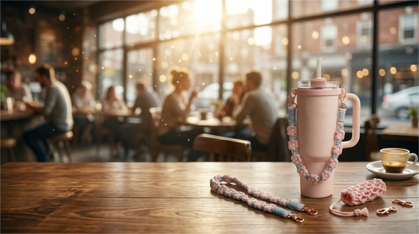 Artisanal charm hanging on Stanley cup in upscale coffee shop with warm bokeh lighting